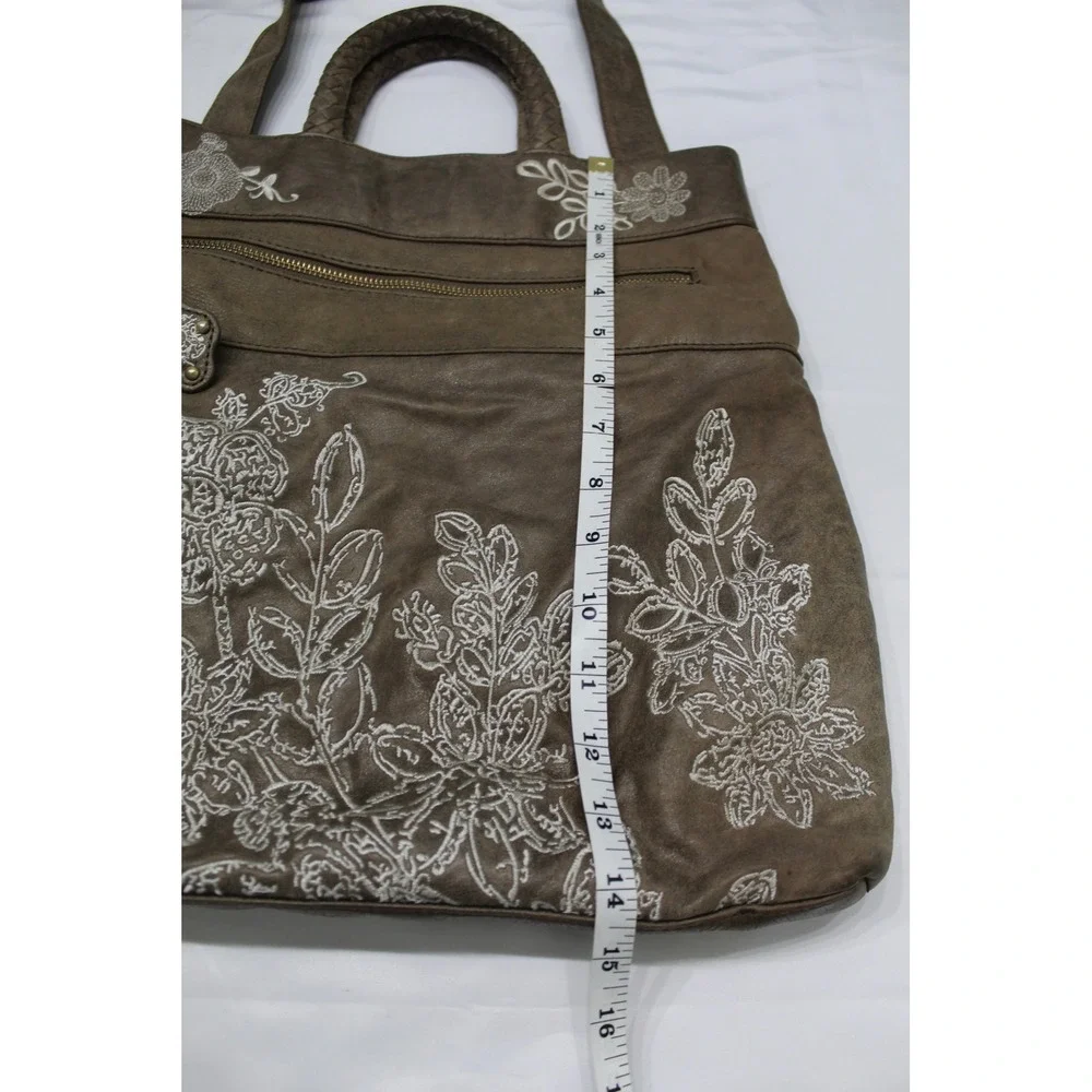 Isabella Fiore Brown Leather Embroidered Floral Tote Crossbody Bag Boho Brass